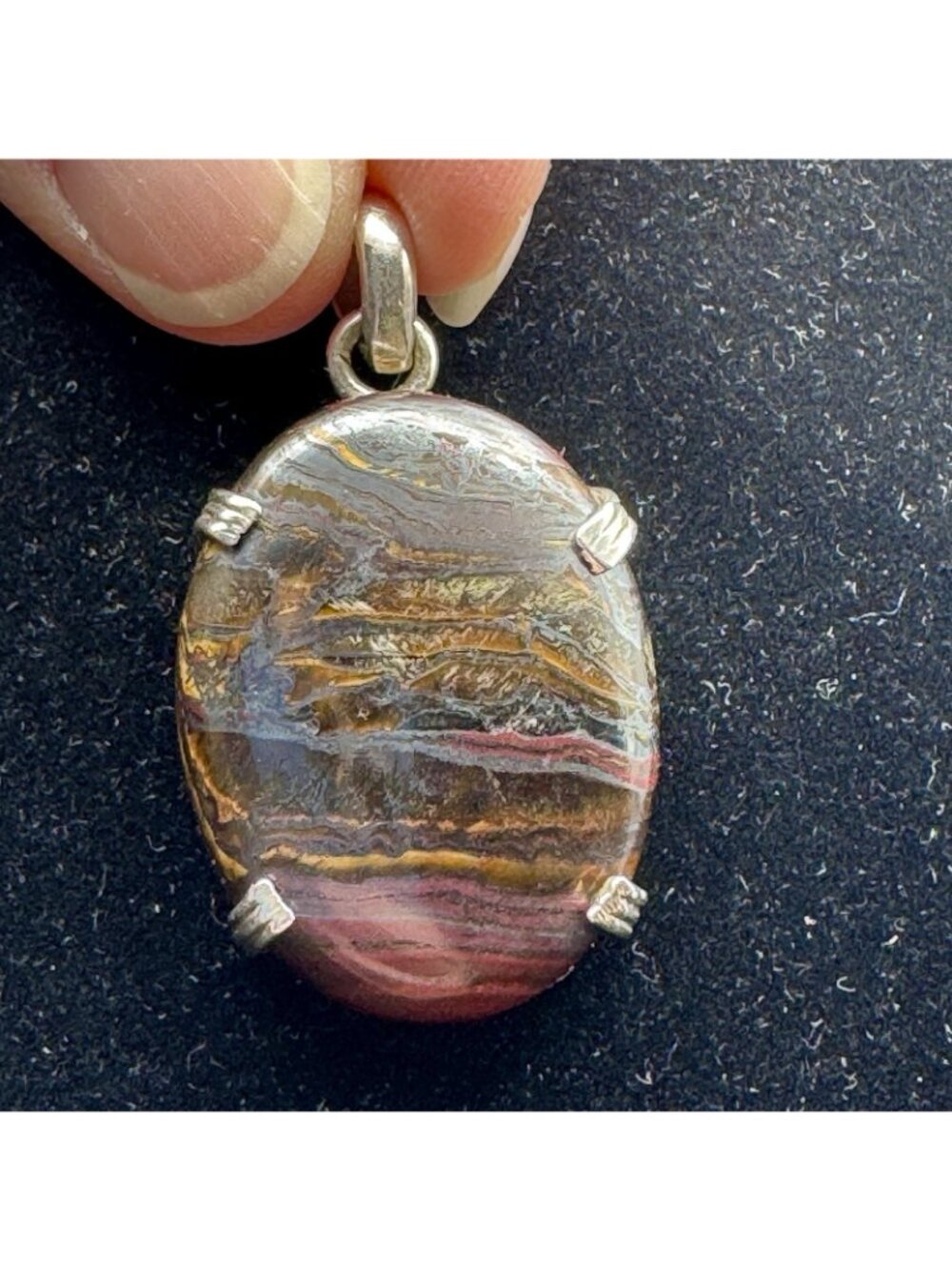 Tiger Iron Sterling Silver Pendant Polished Oval Gemstone Natural Layered Bands - Picture 2 of 16